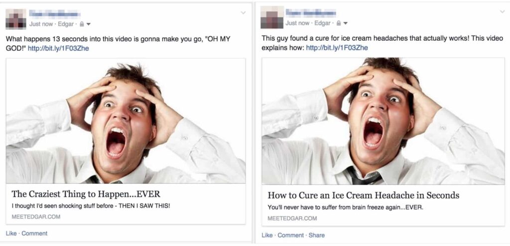 80% of the time, Facebook users prefer the type of link on the right, as opposed to the click-bait approach taken on the left.