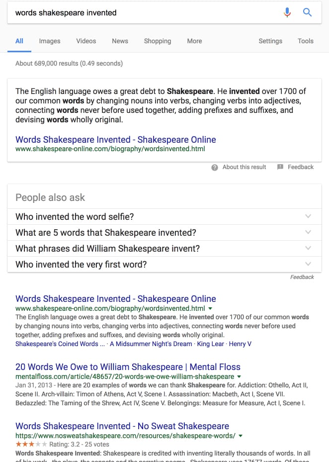 Search Engine Results Page for "words shakespeare invented"