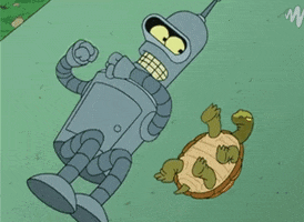 cartoon robot and turtle laying on the ground gif