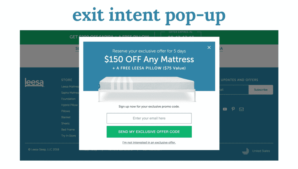 Exit intent pop-up showing a deal