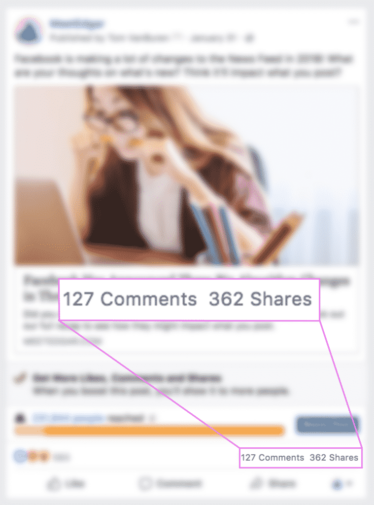 Facebook update with number of shares and comments highlighted