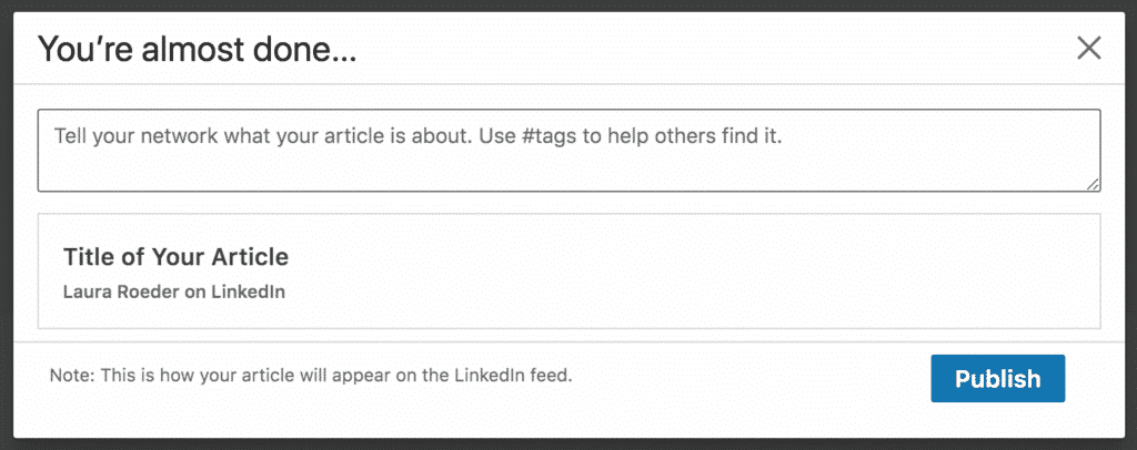 Dialogue box for adding hashtags to linkedin articles