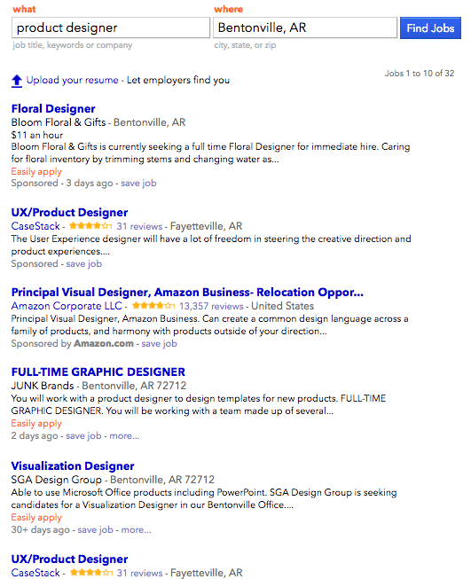screenshot of job search for product designer