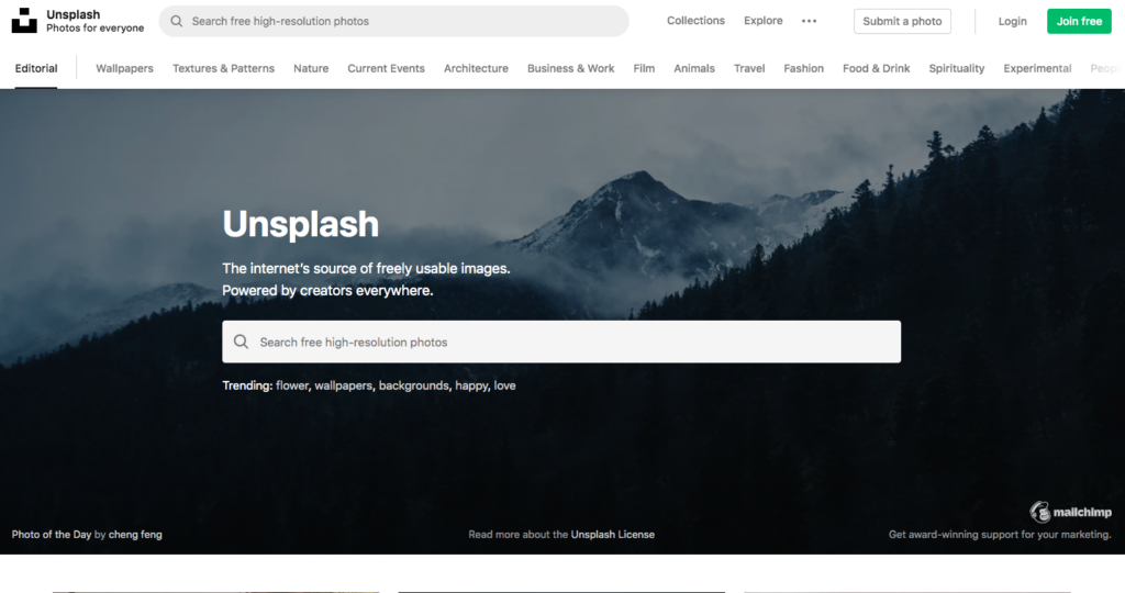 show unsplash homepage